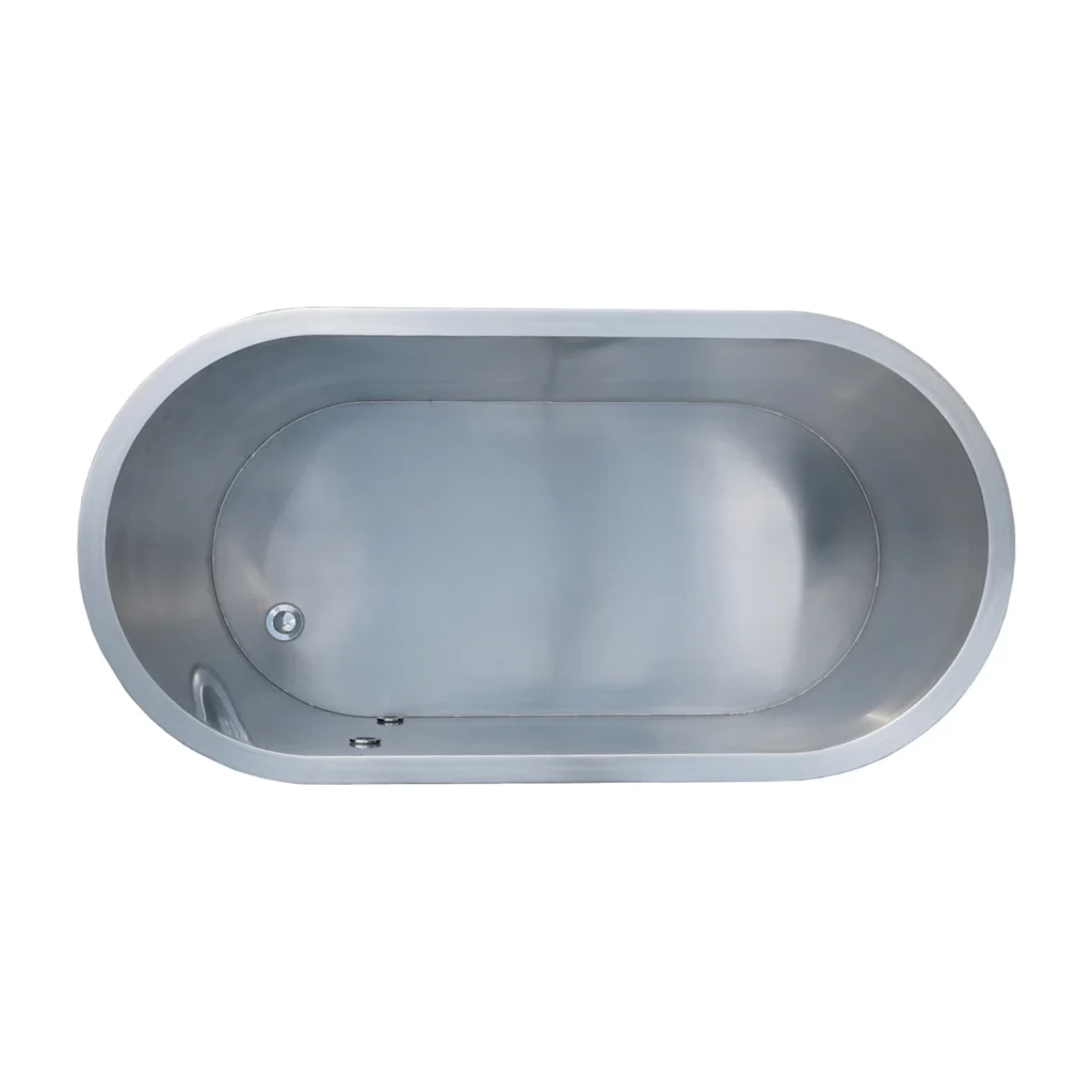 Looking down into the seamless 304 stainless steel bowl of the cold plunge tub