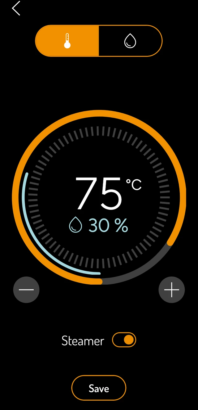 MyHarvia 2 app dial for setting sauna temperature and humidity