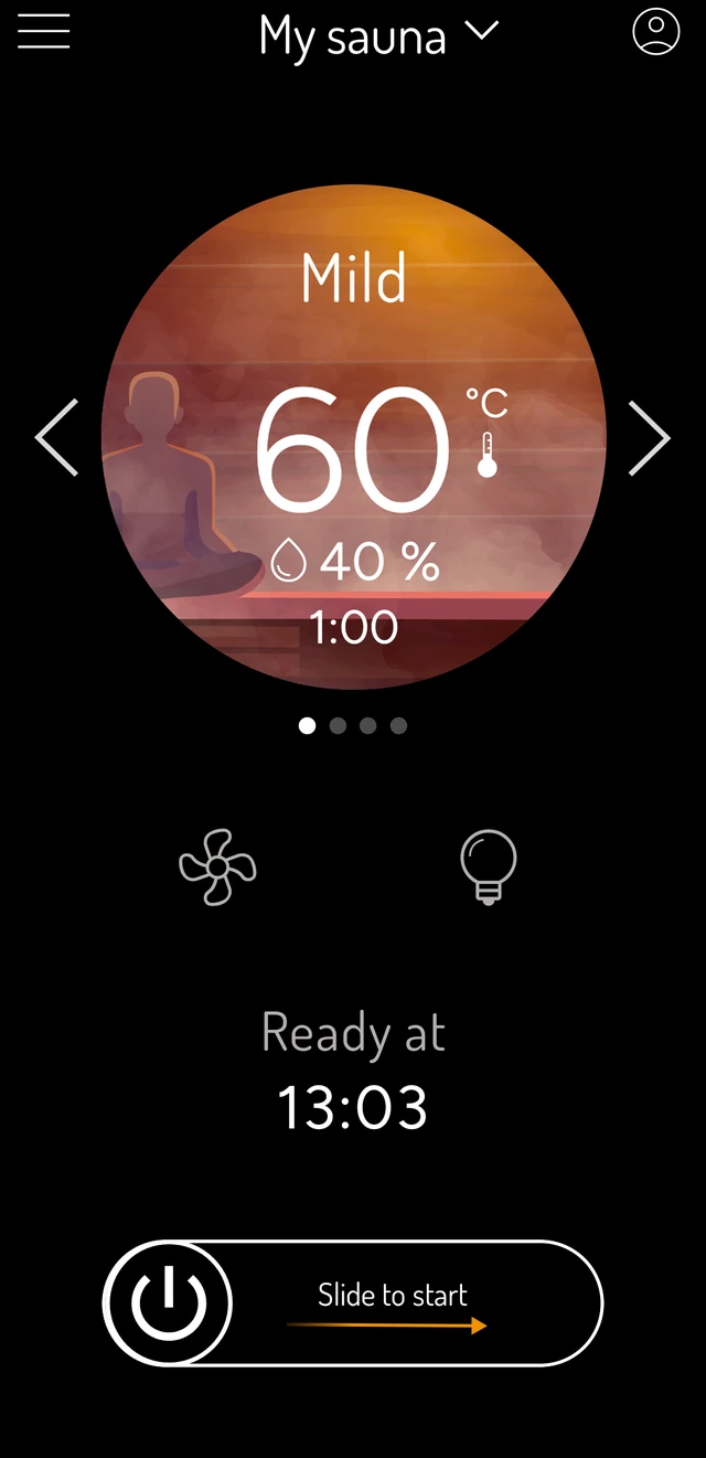 MyHarvia 2 app showing a sauna preset with temperature, humidity and a slide to start control