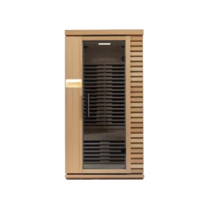 Aura Infrared Sauna 1 Person Premium with grey tinted glass door, front view