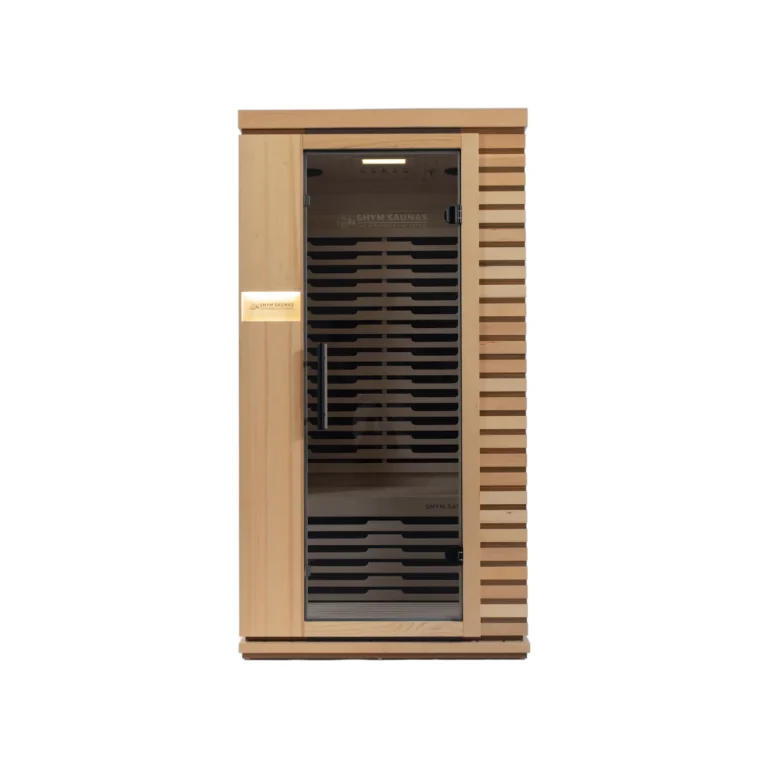 Aura Infrared Sauna 1 Person Premium with grey tinted glass door, front view
