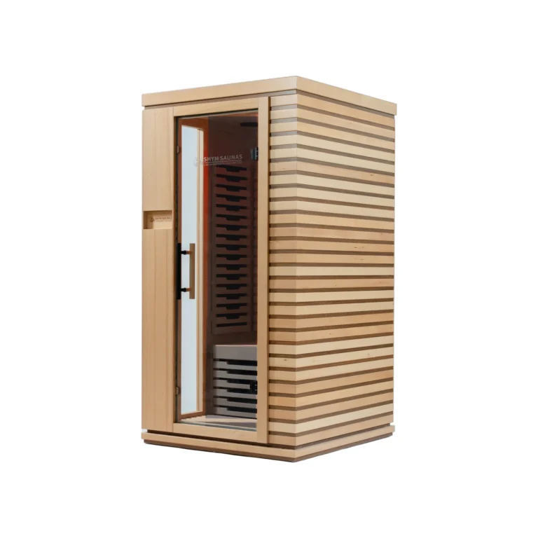 Angled view of the Aura Infrared Sauna 1 Person Premium showing the tinted glass and slatted hemlock side