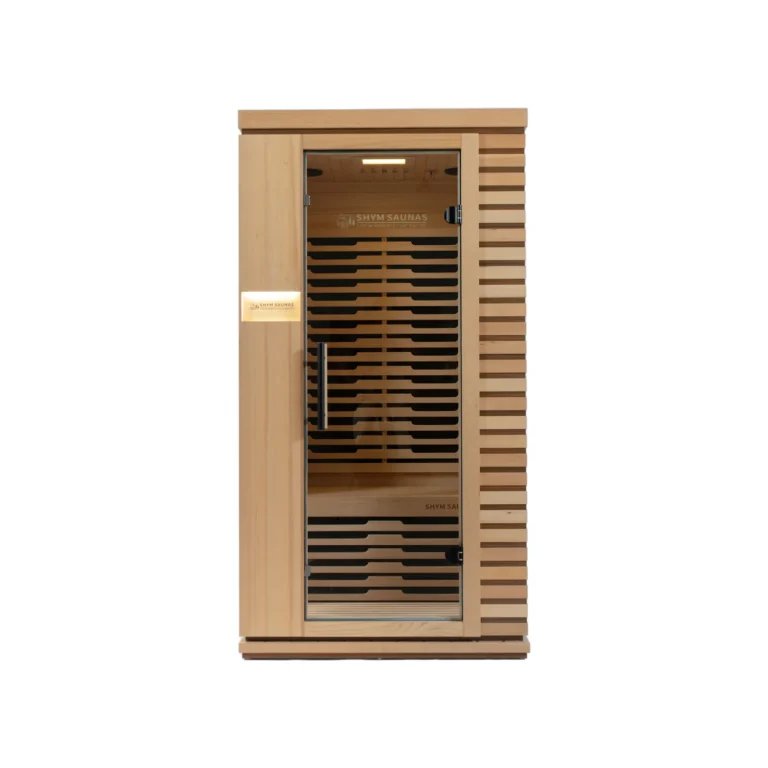 Aura Infrared Sauna 1 Person in Canadian hemlock, front view on white background