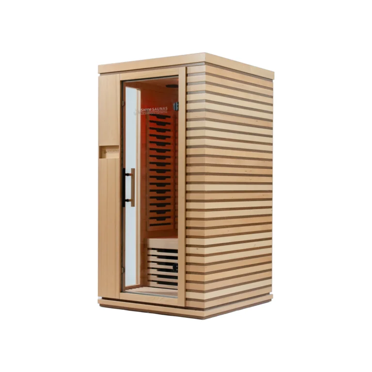Aura Infrared Sauna 1 Person, right angle view showing slatted hemlock side