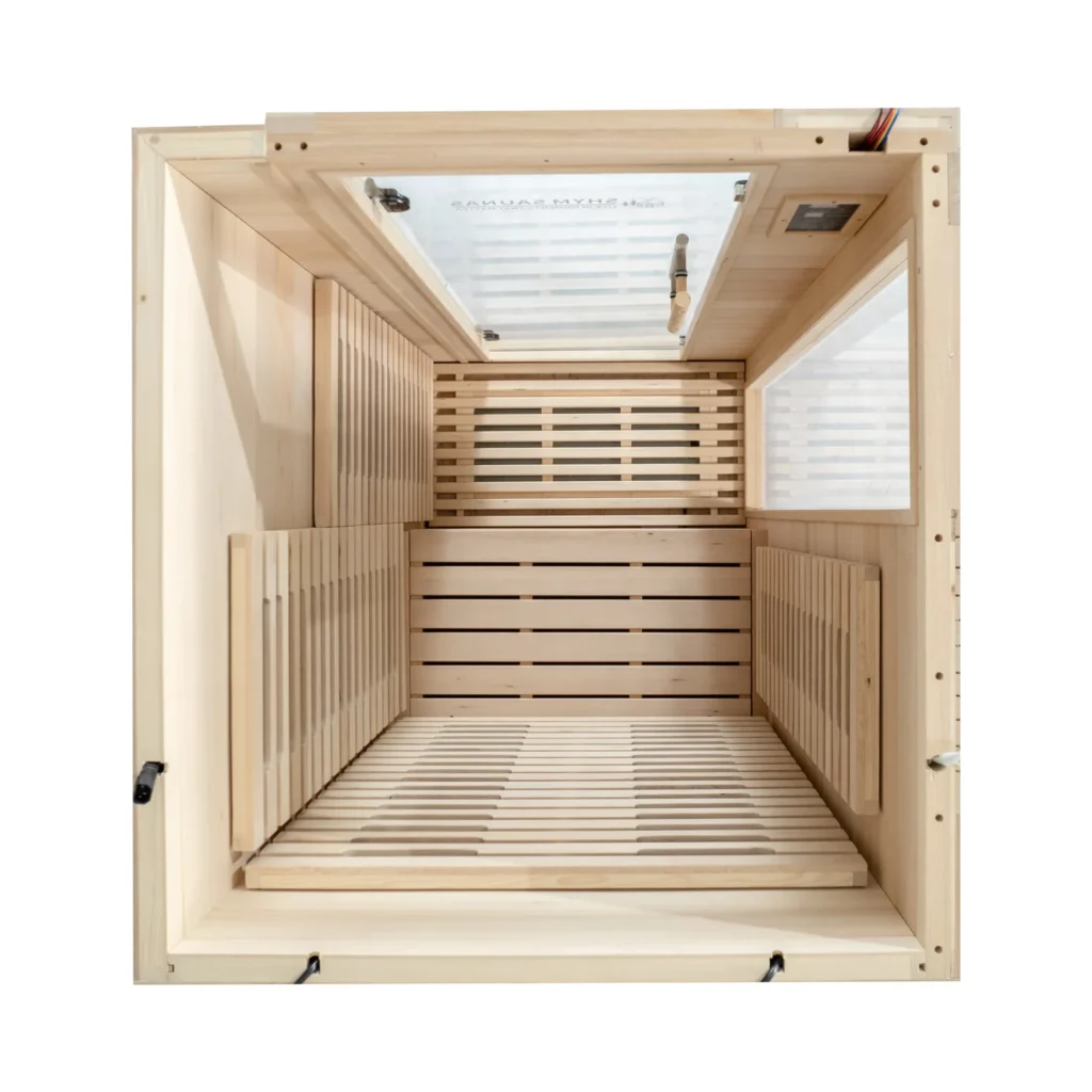 Overhead view inside the Aura Infrared Sauna 1 Person showing the bench and floor heater layout