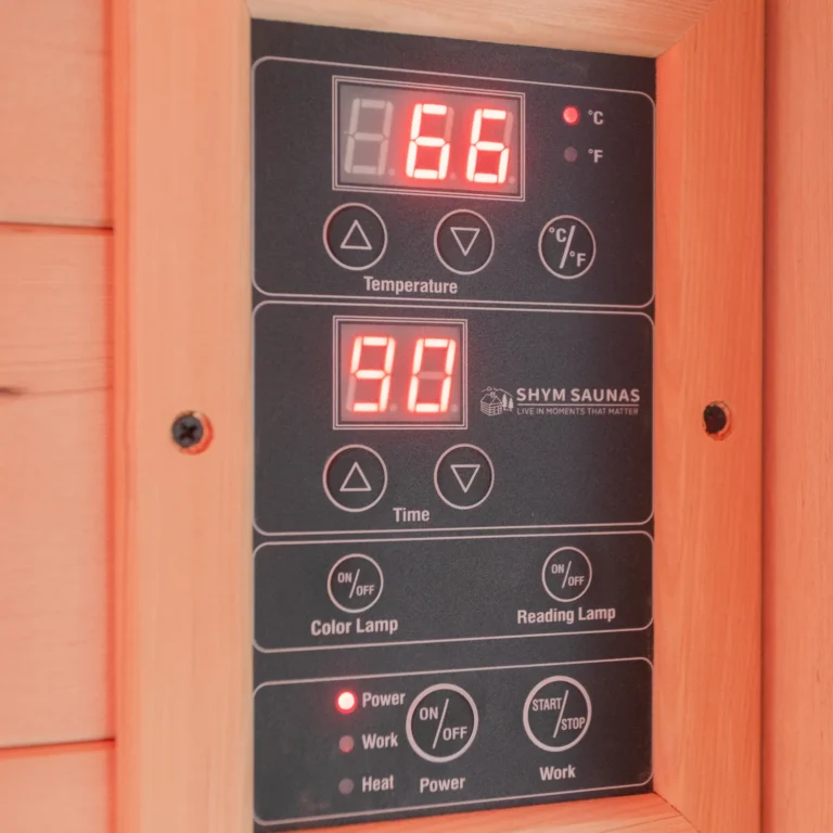 Control panel of the Aura Infrared Sauna showing temperature and timer