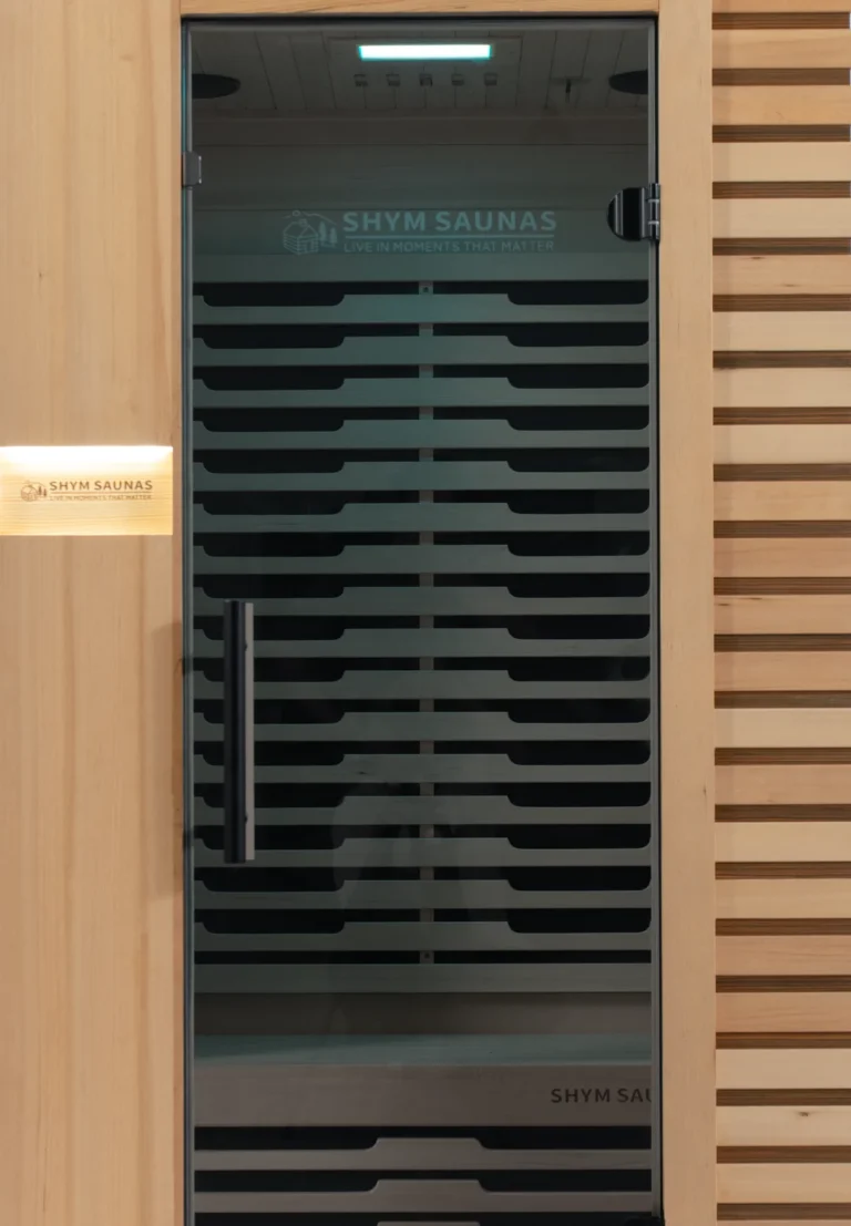 Aura Infrared Sauna 1 Person Premium with green colour lighting, door detail