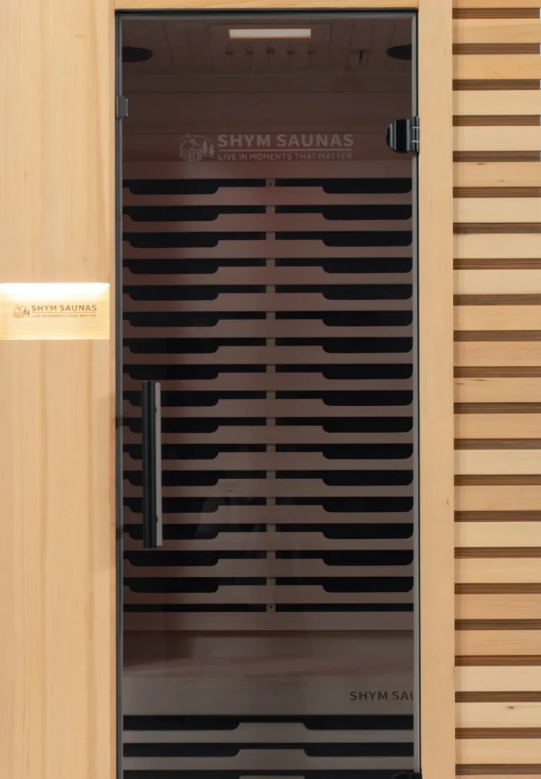Aura Infrared Sauna 1 Person Premium with warm colour lighting, door detail