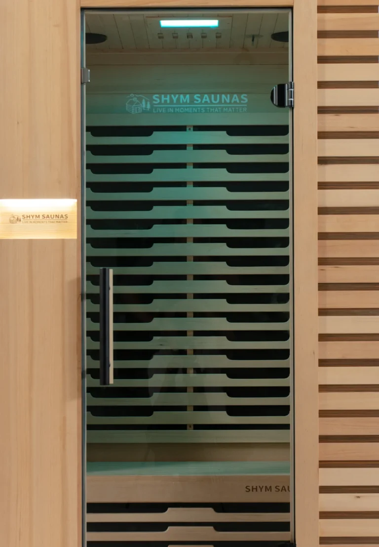 Aura Infrared Sauna 1 Person with green colour lighting, door detail