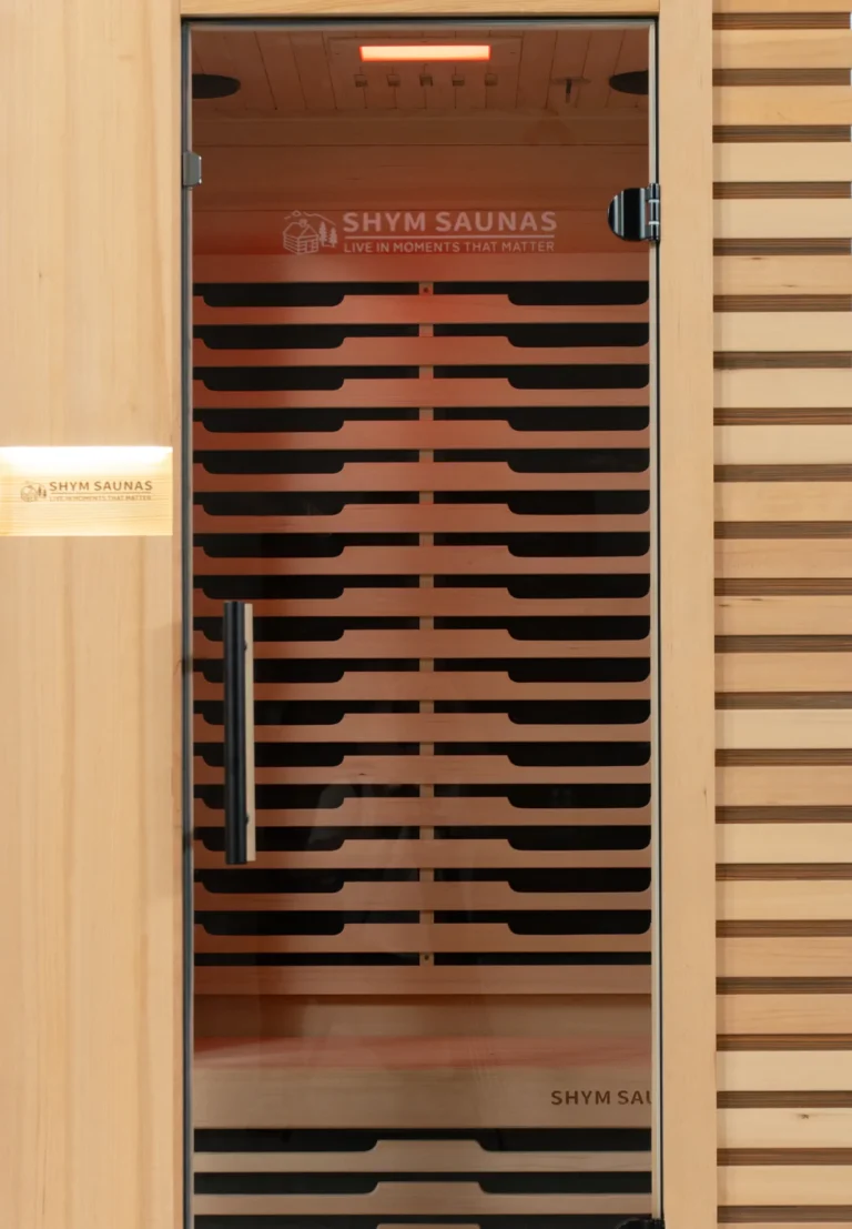 Aura Infrared Sauna 1 Person with warm colour lighting, door detail