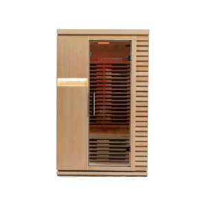 Aura Infrared Sauna 2 Person in Canadian hemlock, front view on white background