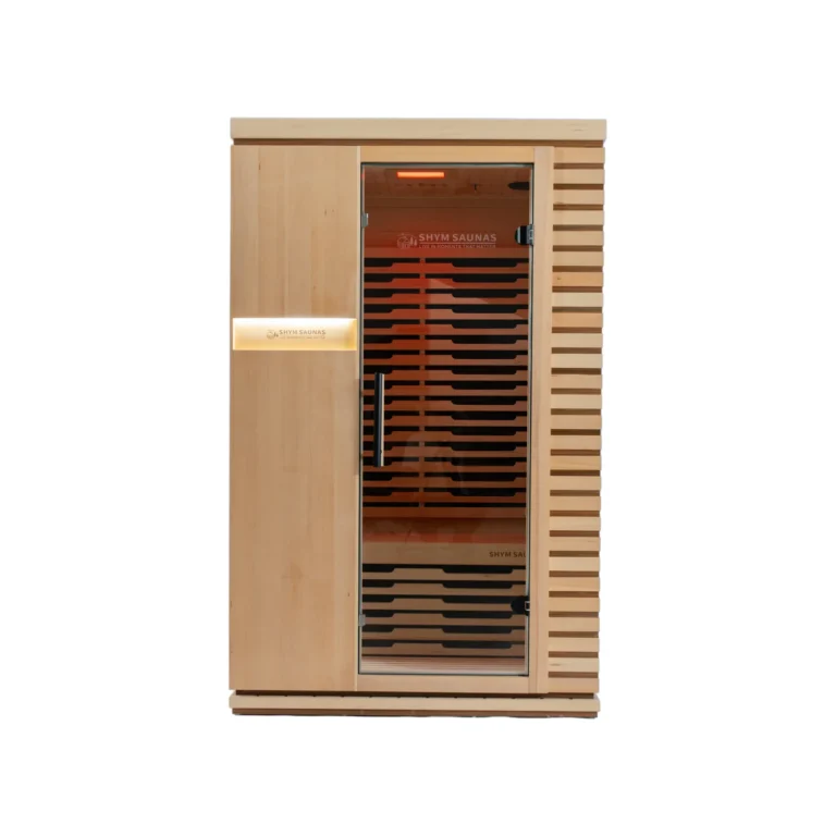 Aura Infrared Sauna 2 Person in Canadian hemlock, front view on white background