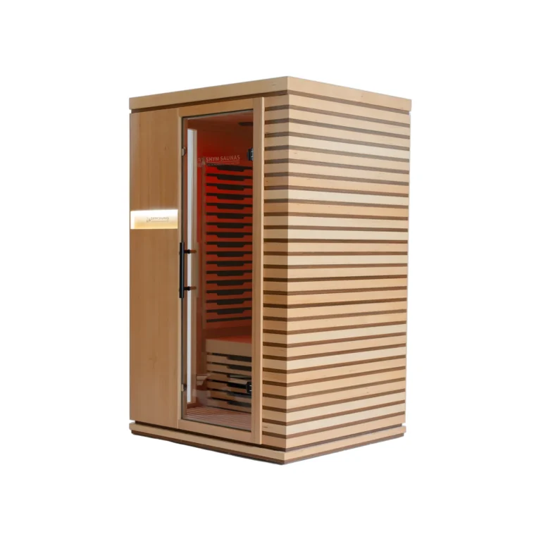 Aura Infrared Sauna 2 Person, right angle view showing slatted hemlock side