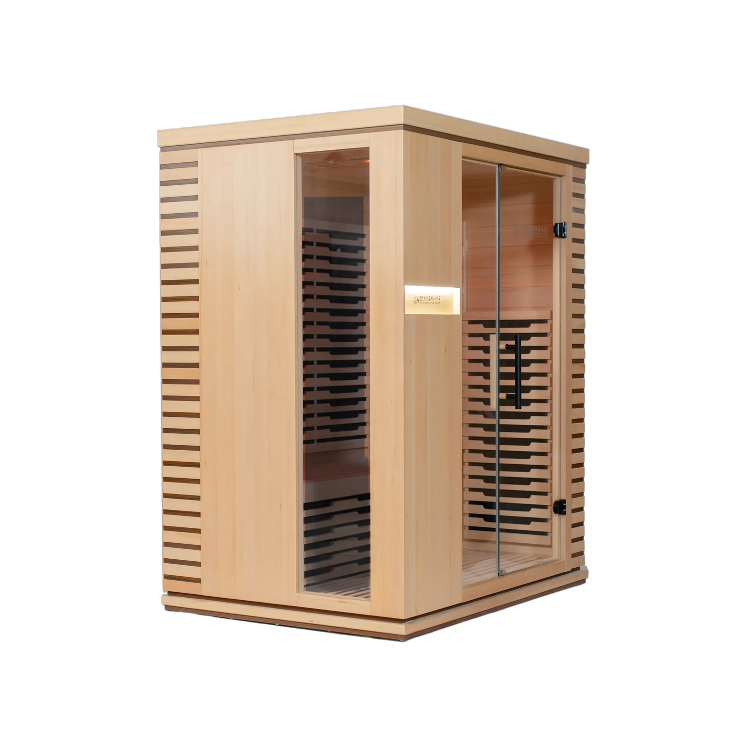 Angled view of the Aura Infrared Sauna 3 Person Premium showing the tinted glass and slatted hemlock side