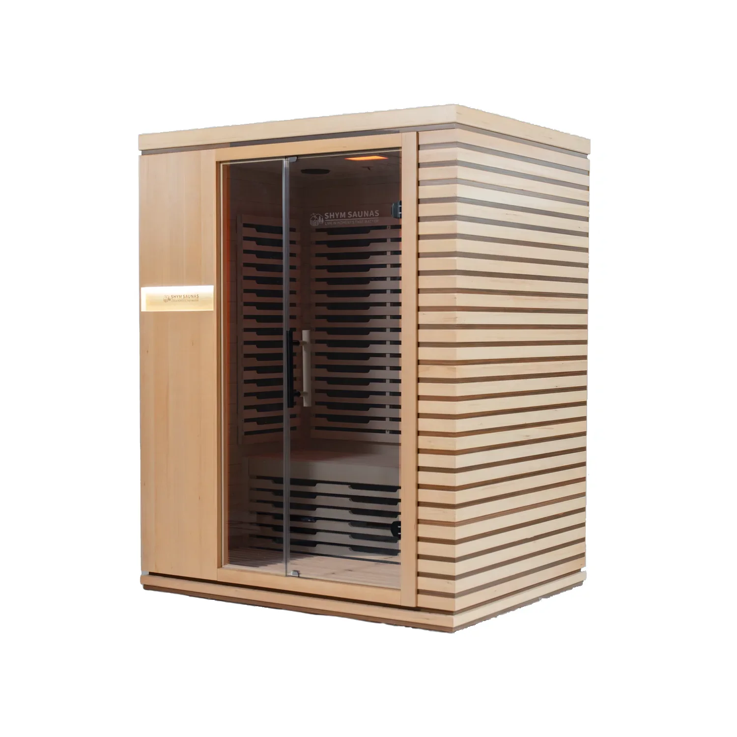 Aura Infrared Sauna 3 Person Premium seen from the left, with the tinted glass front
