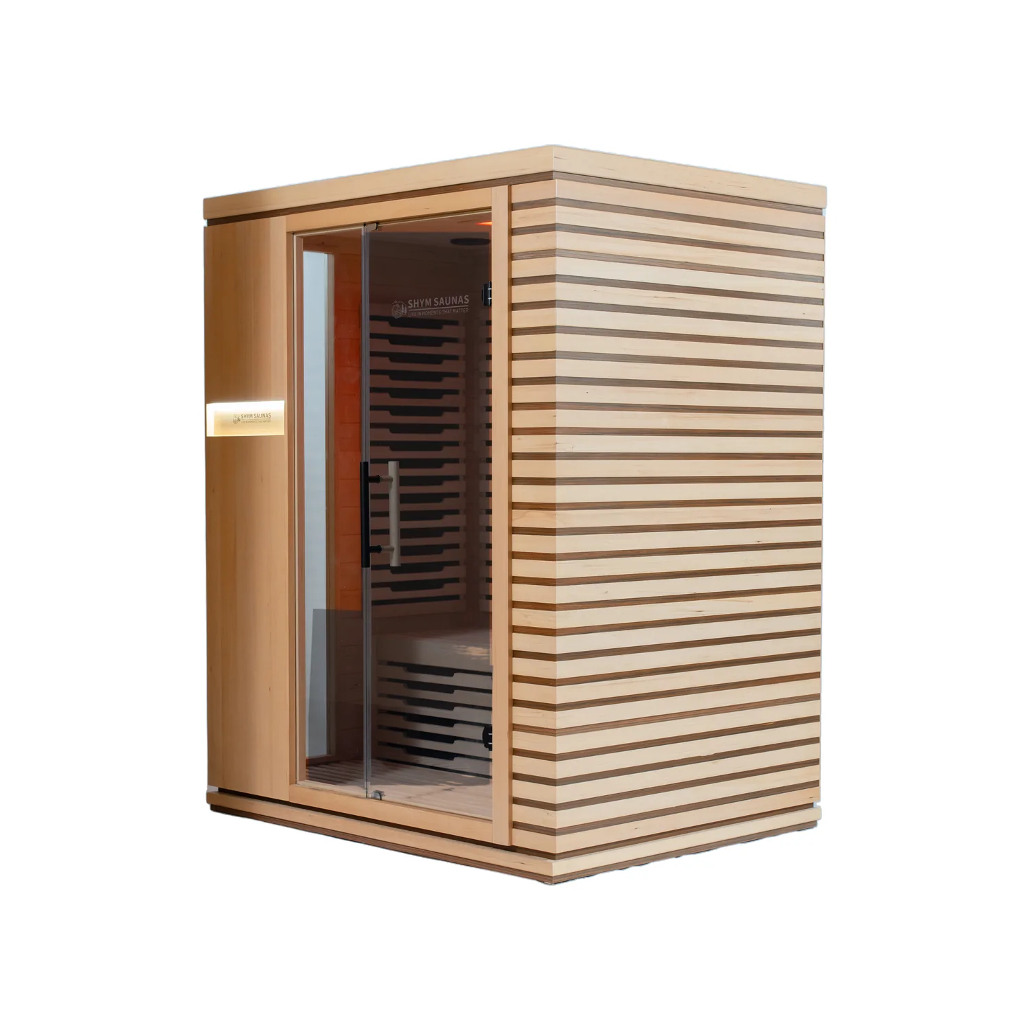 Aura Infrared Sauna 3 Person Premium seen from the front left, tinted glass front