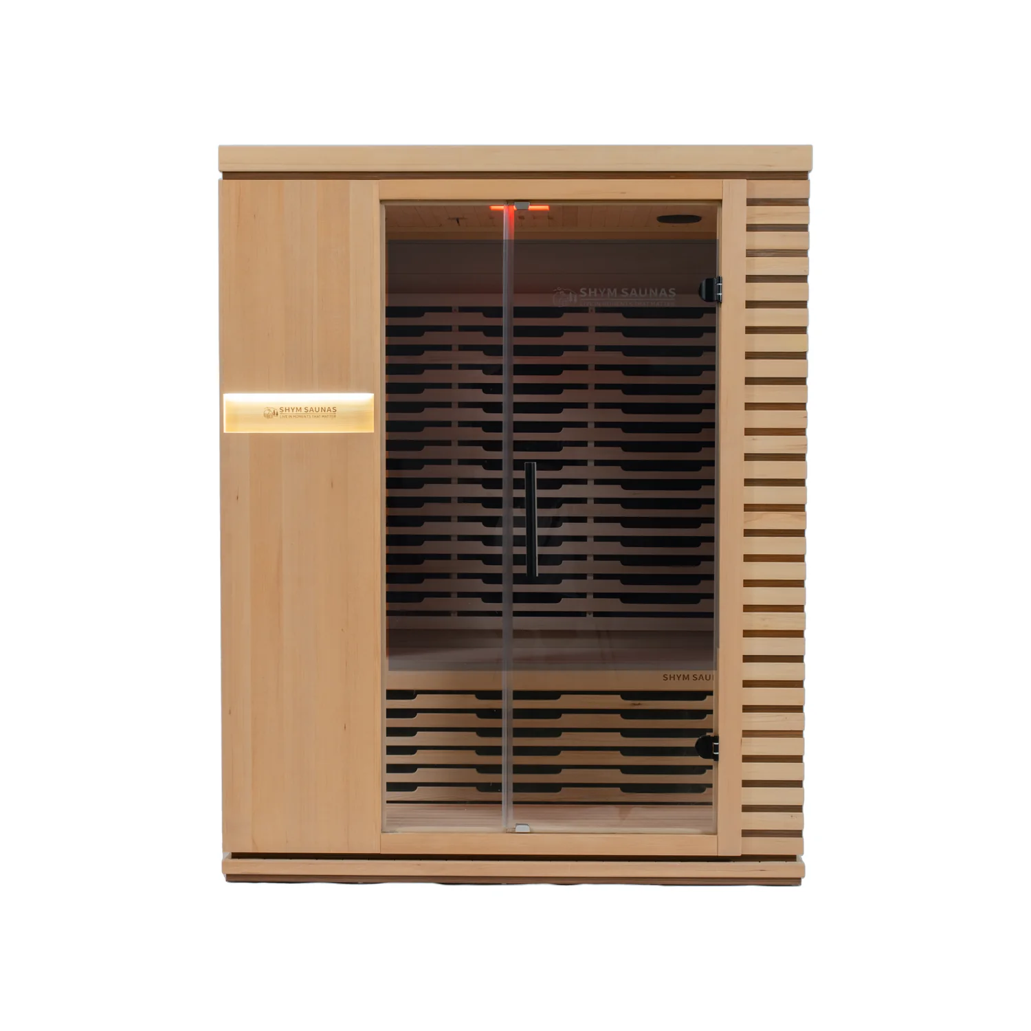 Aura Infrared Sauna 3 Person Premium with warm colour lighting behind the grey glass