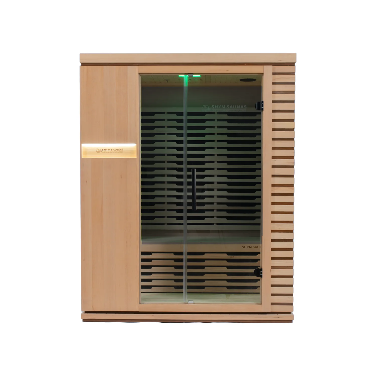 Aura Infrared Sauna 3 Person Premium with green colour lighting behind the grey glass