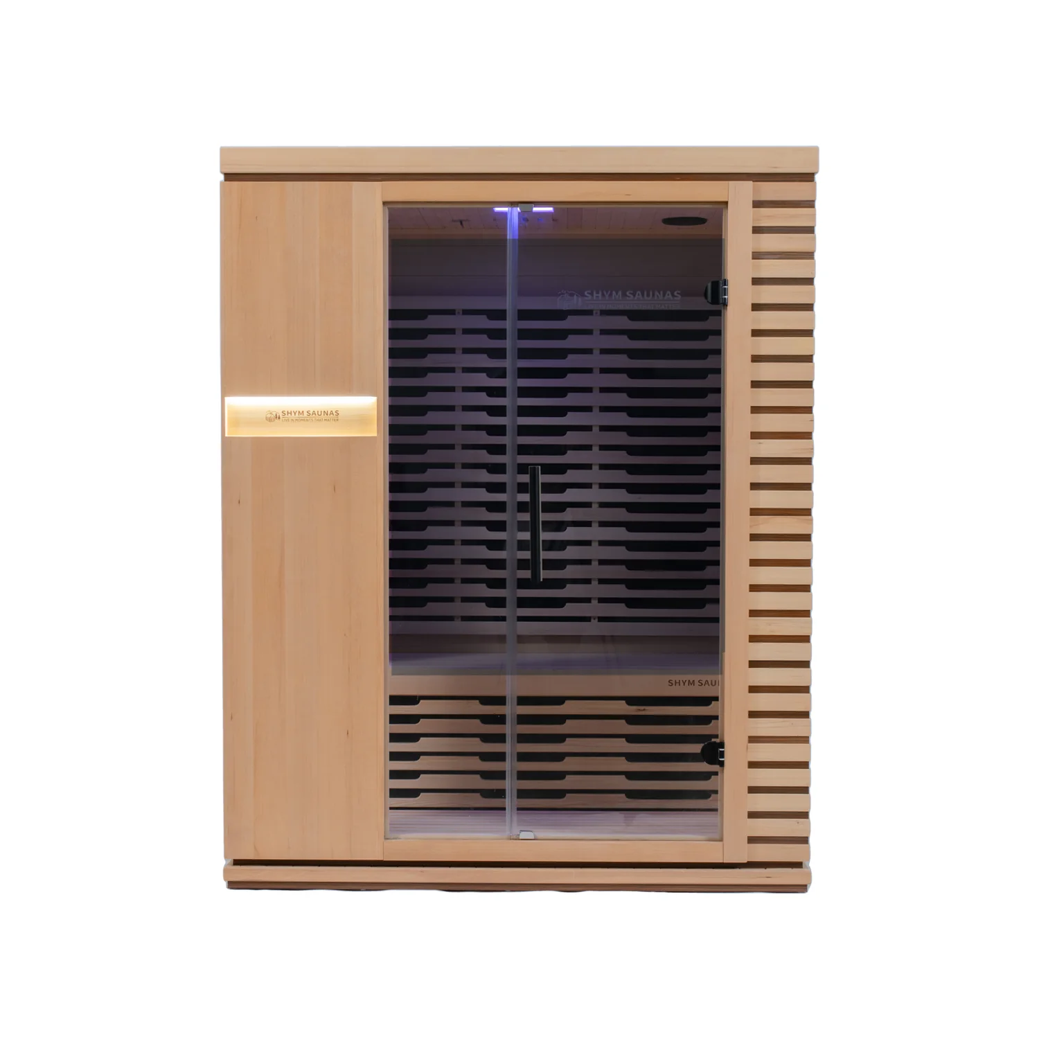 Aura Infrared Sauna 3 Person Premium with purple colour lighting behind the grey glass