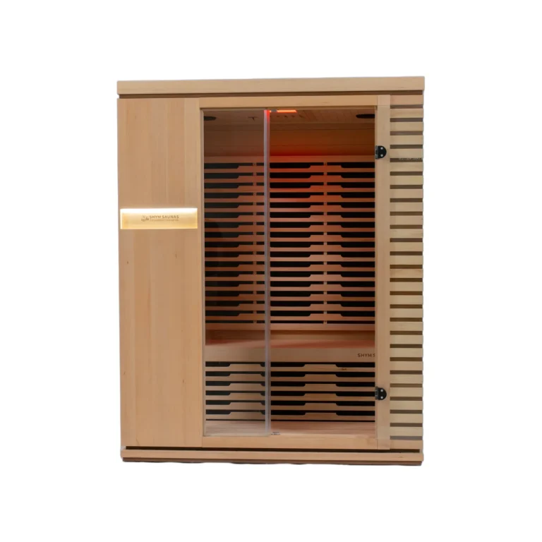 Aura Infrared Sauna 3 Person in Canadian hemlock, front view on white background