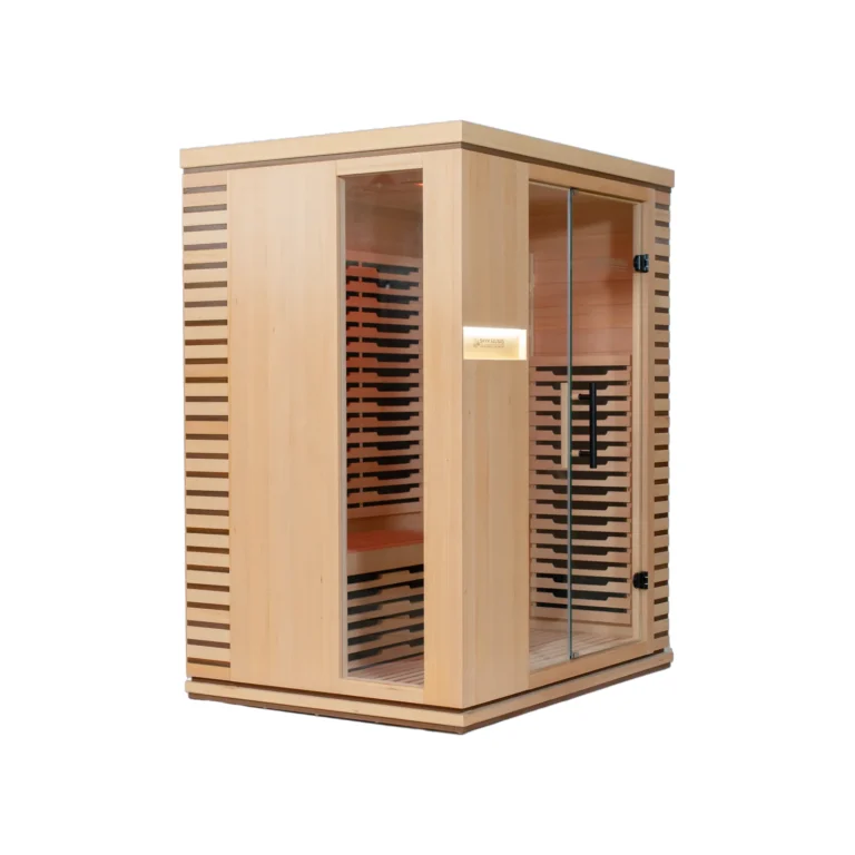Aura Infrared Sauna 3 Person, right angle view showing slatted hemlock side
