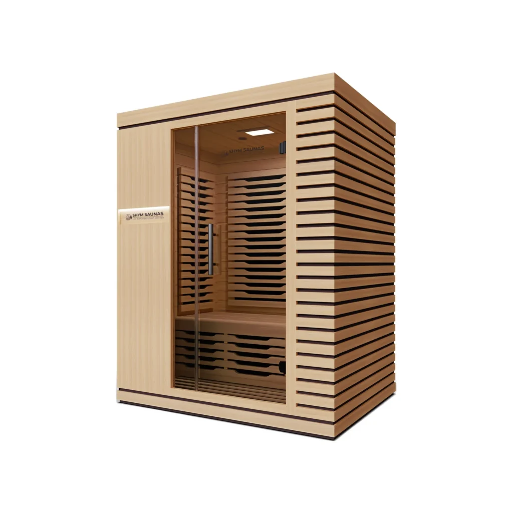 Aura Infrared Sauna 3 Person seen from above and to the right, showing the hemlock roof and slatted side