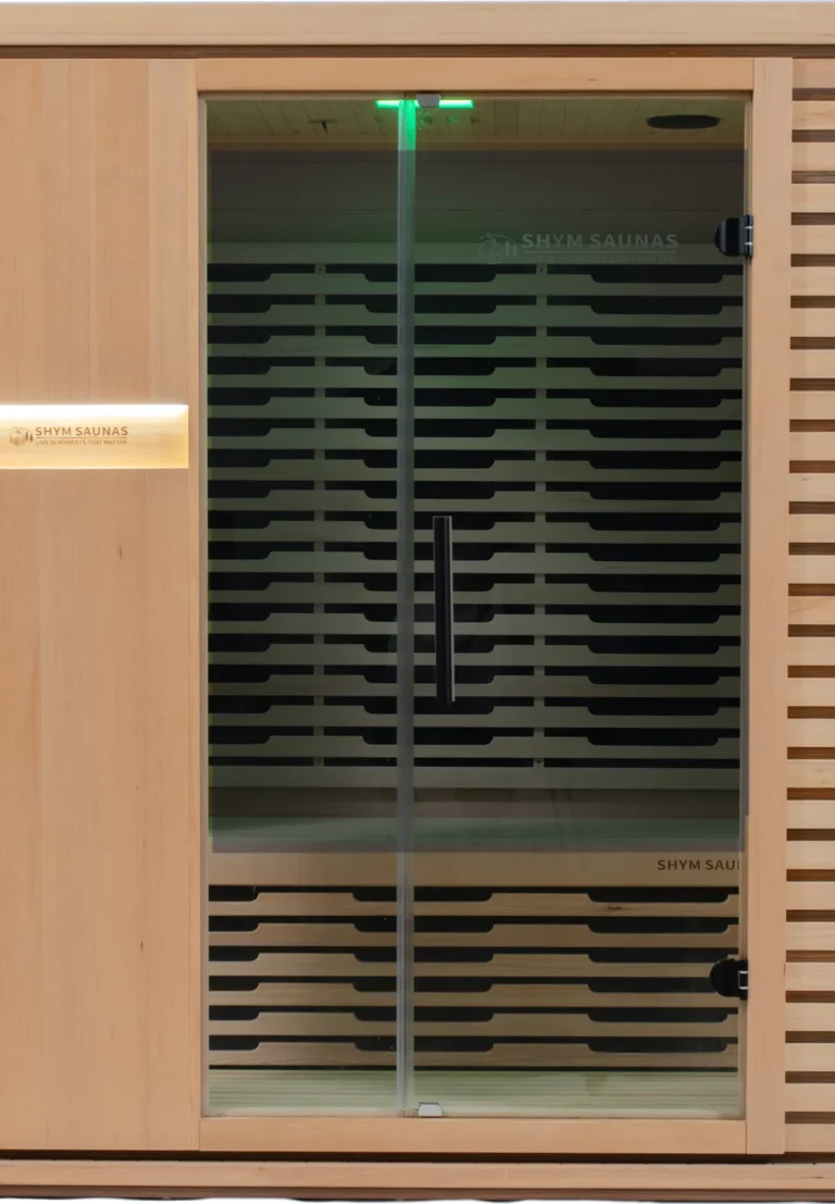 Aura Infrared Sauna 3 Person Premium with green colour lighting, door detail