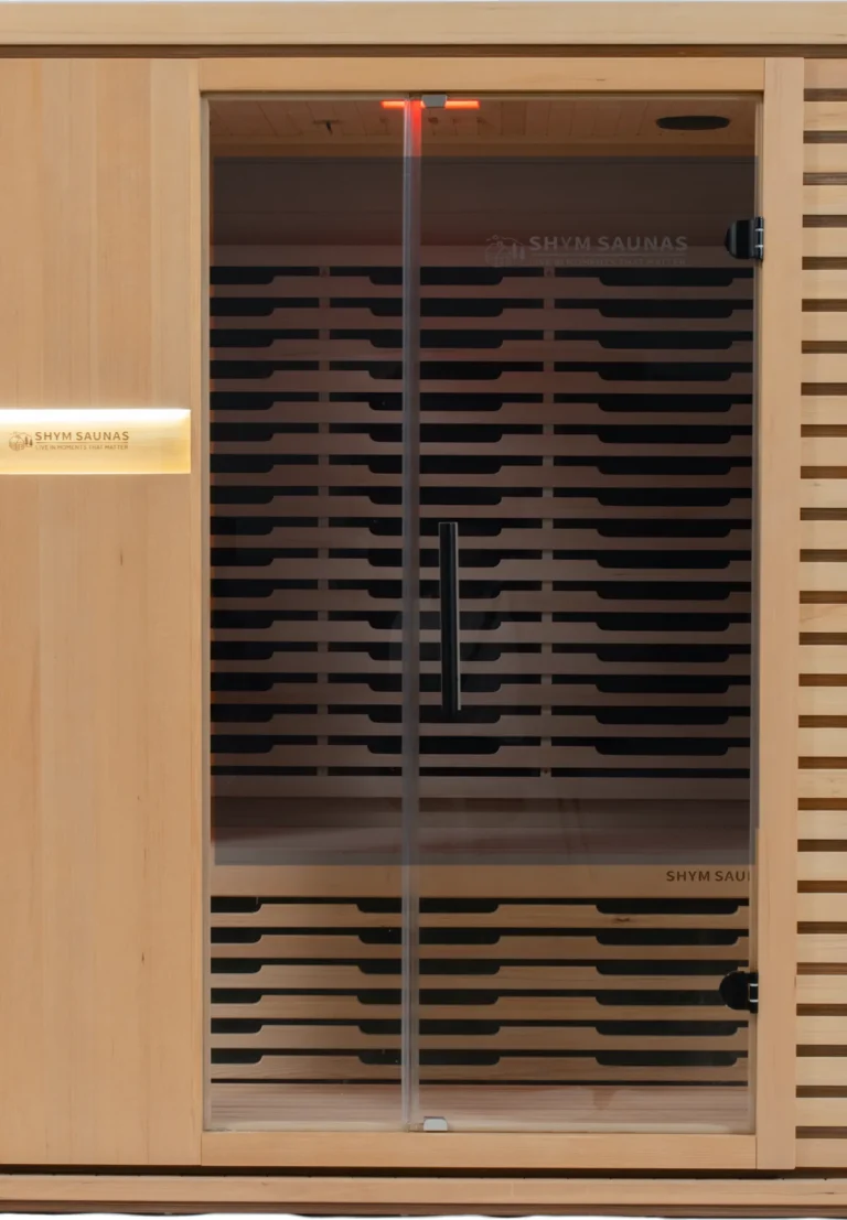 Aura Infrared Sauna 3 Person Premium with warm colour lighting, door detail