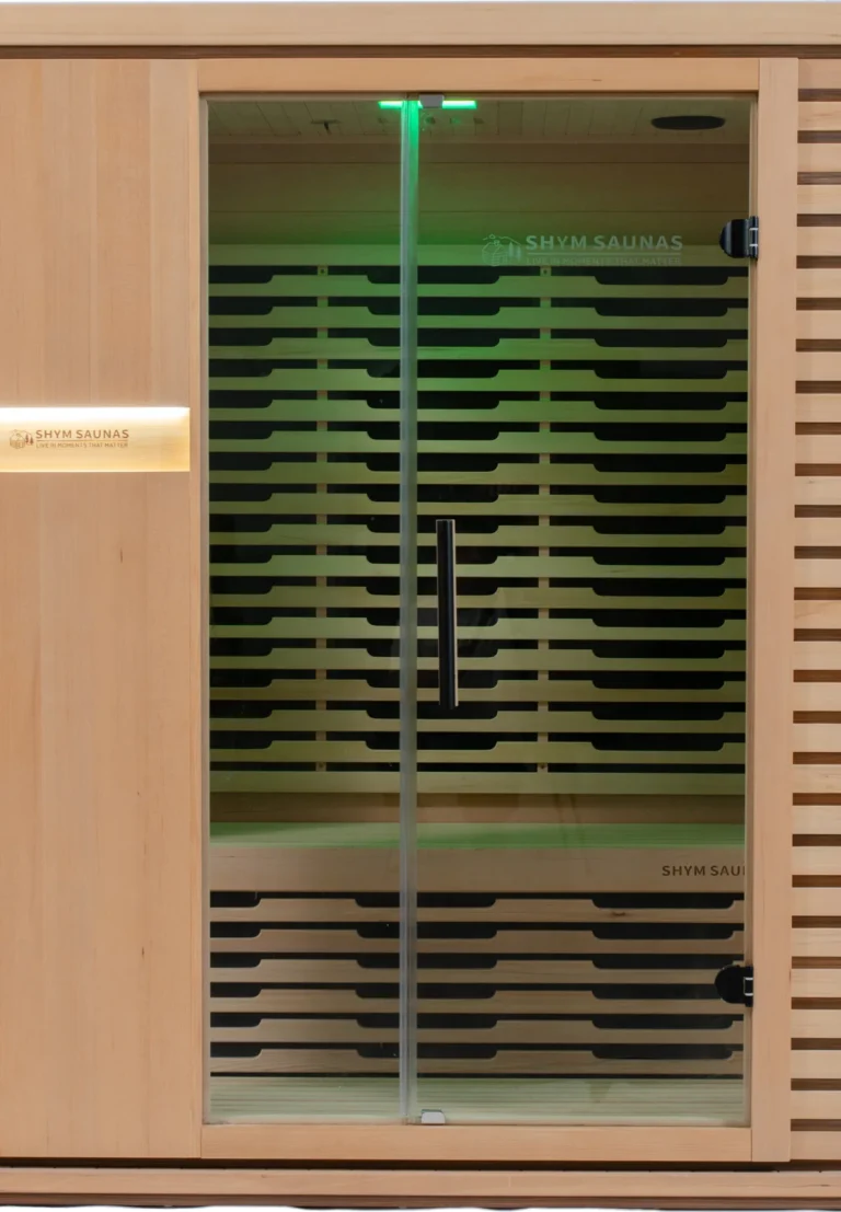 Aura Infrared Sauna 3 Person with green colour lighting, door detail