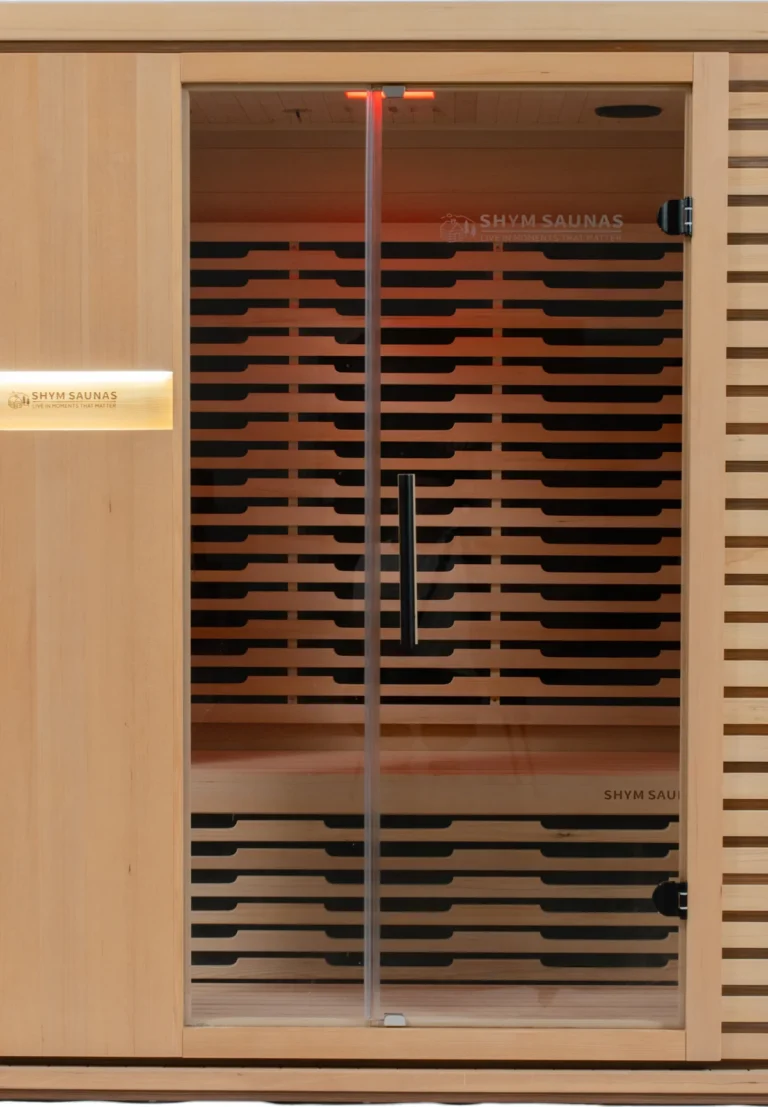 Aura Infrared Sauna 3 Person with warm colour lighting, door detail