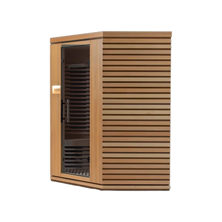 Angled view of the Aura Infrared Sauna 4 Person Premium showing the tinted glass and slatted hemlock side
