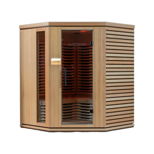 Aura Infrared Sauna 4 Person in Canadian hemlock, front view on white background