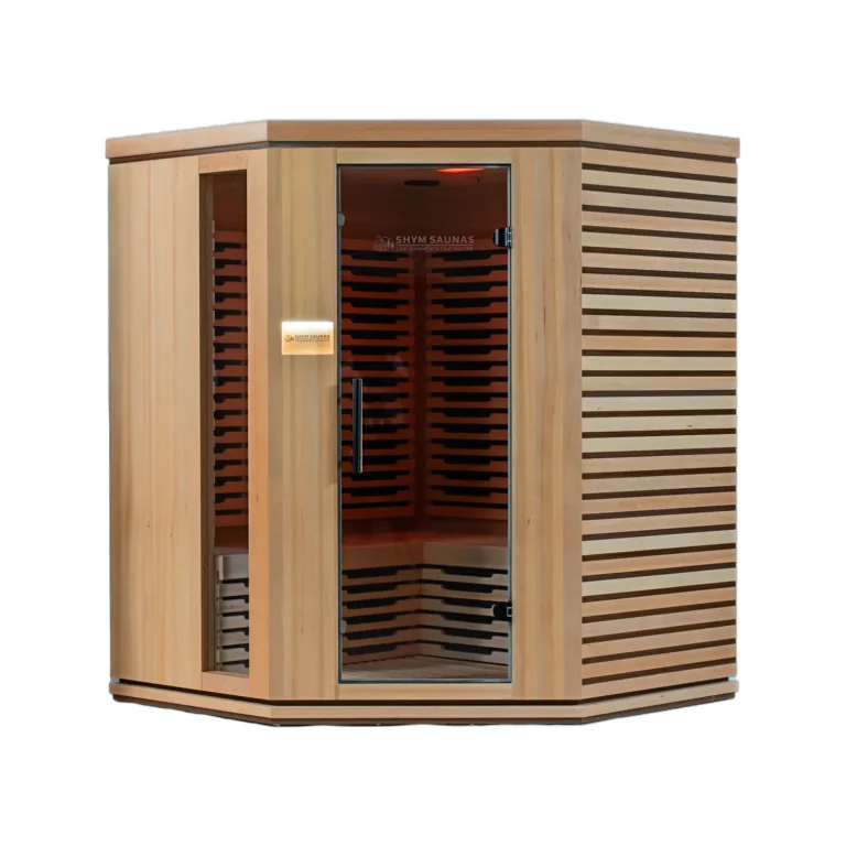 Aura Infrared Sauna 4 Person in Canadian hemlock, front view on white background