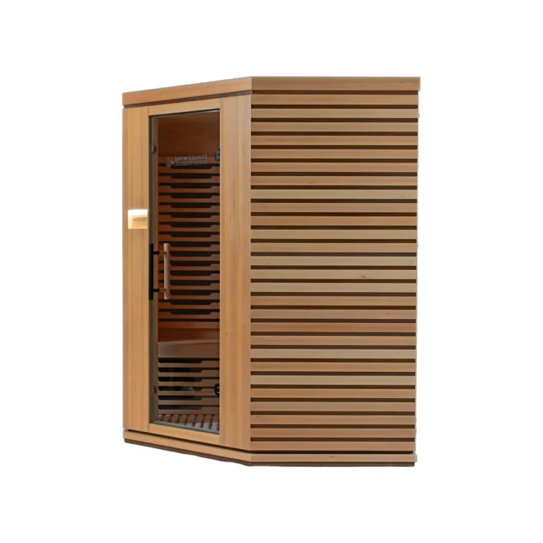 Aura Infrared Sauna 4 Person, right angle view showing slatted hemlock side