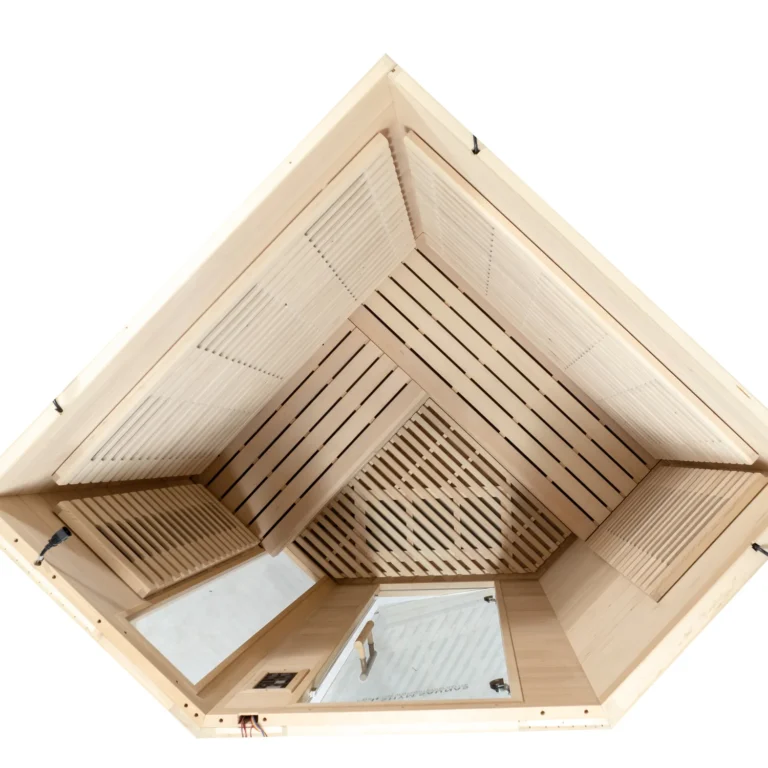 Overhead view inside the Aura Infrared Sauna 4 Person showing the bench and floor heater layout