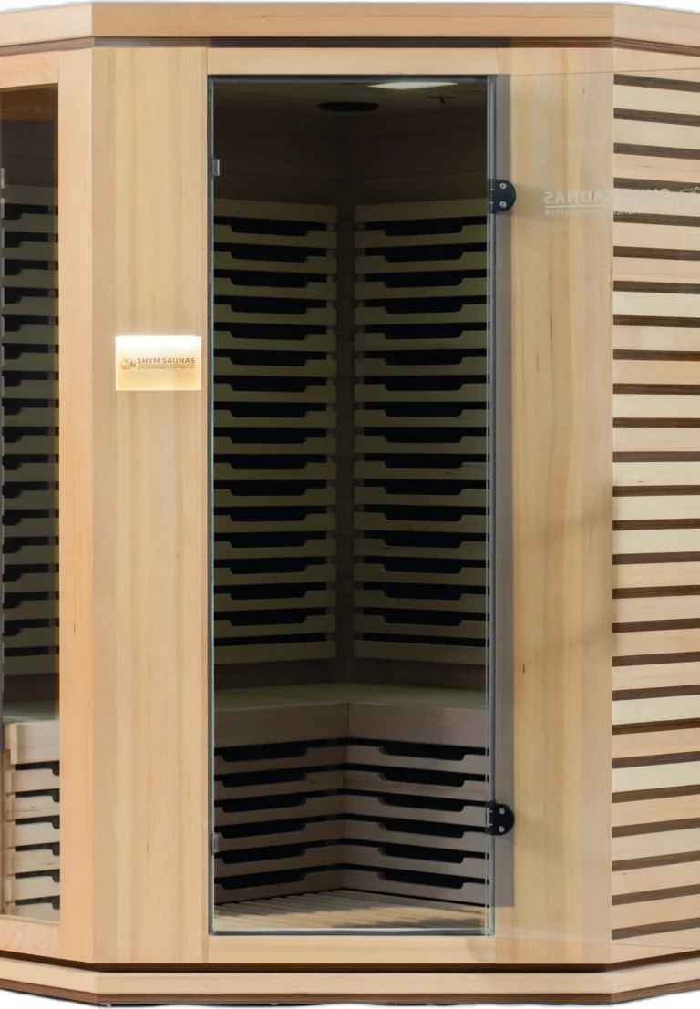 Aura Infrared Sauna 4 Person Premium with green colour lighting, door detail