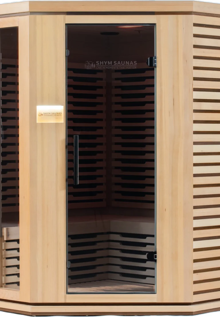 Aura Infrared Sauna 4 Person Premium with warm colour lighting, door detail