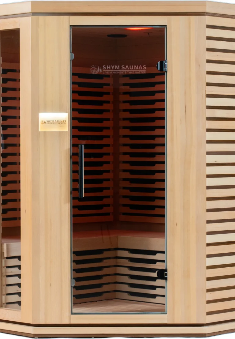 Aura Infrared Sauna 4 Person with warm colour lighting, door detail