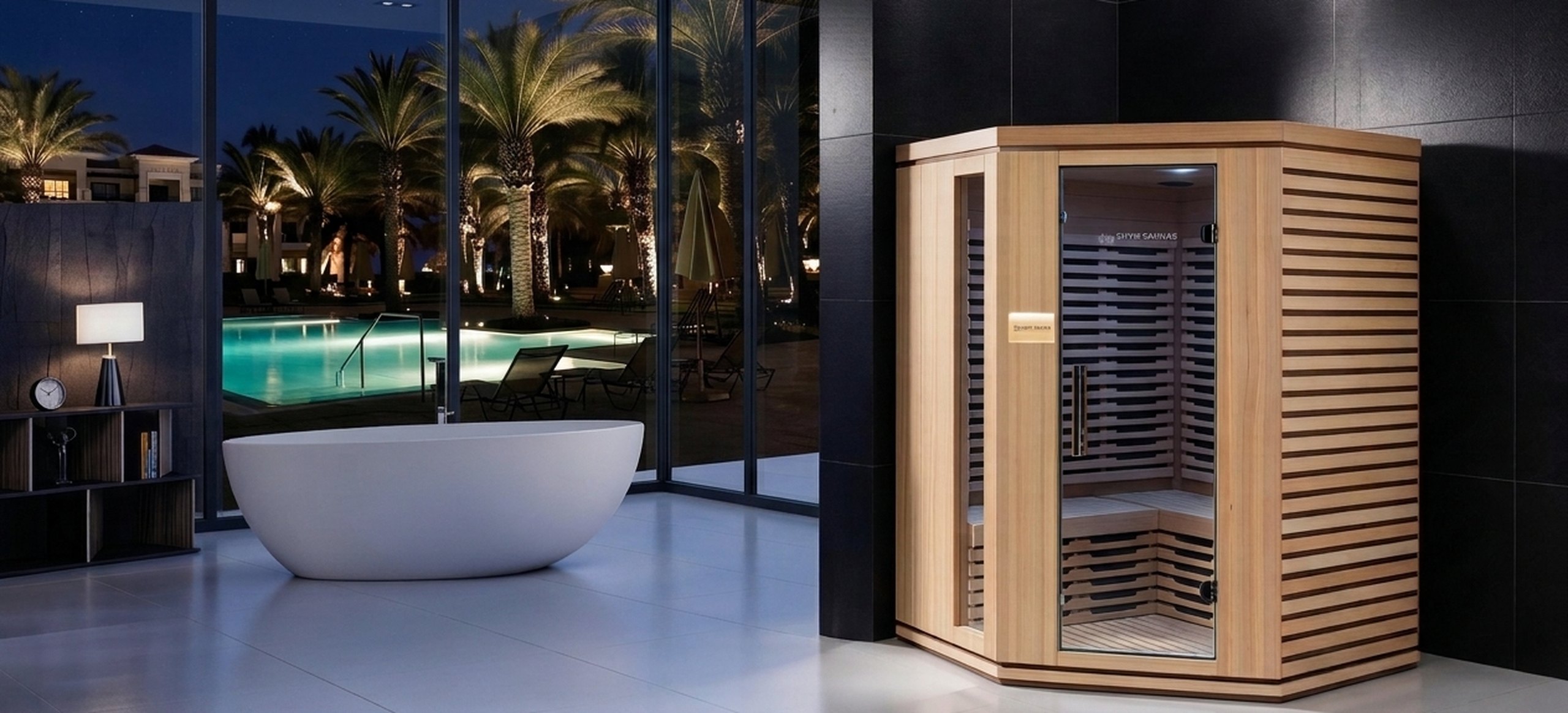 SHYM Aura 4 Person infrared sauna in a dark modern bathroom overlooking a lit pool