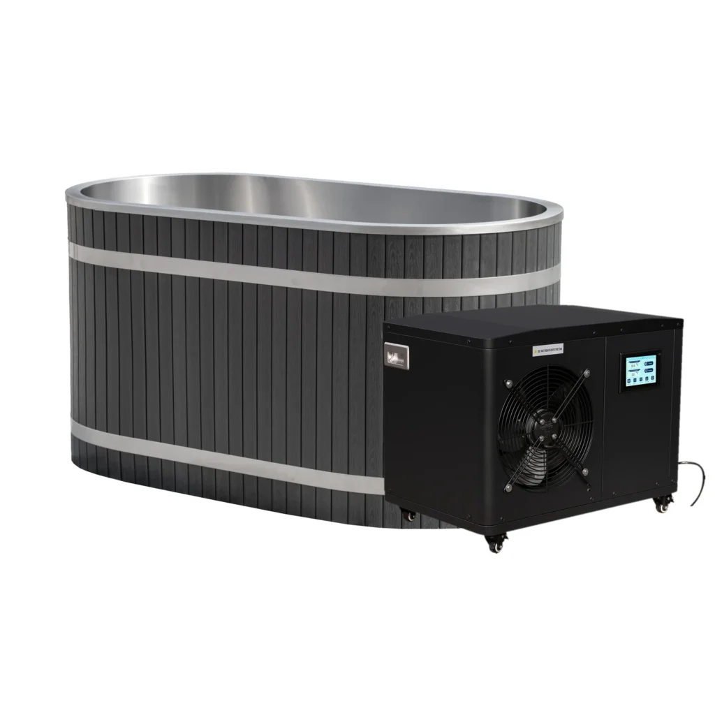 Oval cold plunge tub with the Beta commercial chiller beside it