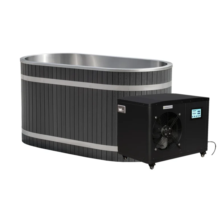 Oval cold plunge tub with the Beta commercial chiller beside it