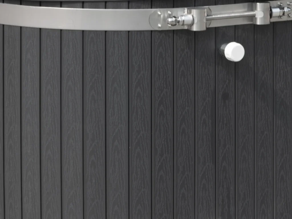 PVC cladding boards and stainless tension band on the cold plunge tub