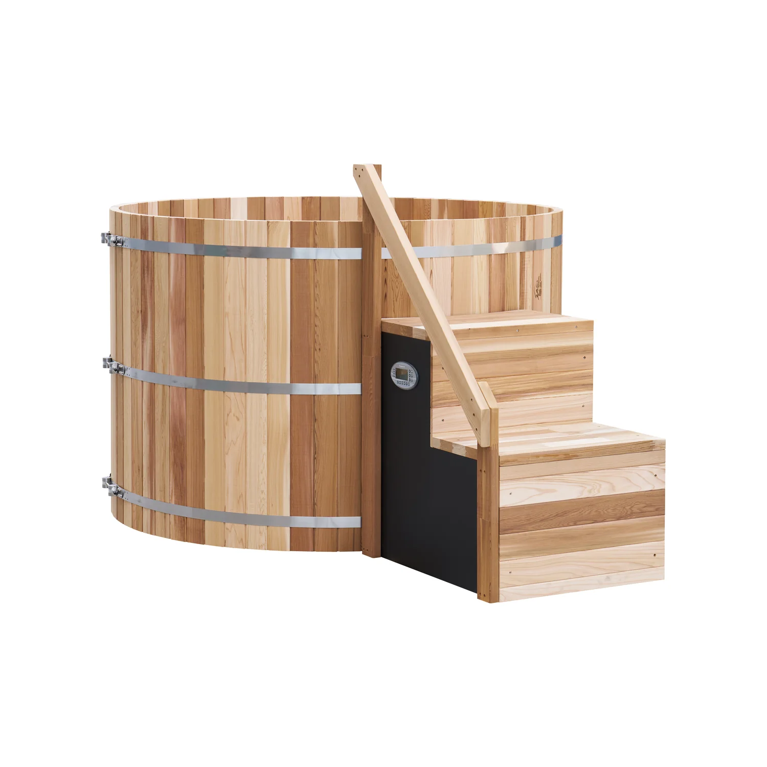 Outdoor cedar hot tub with electric heater, steps and SpaNET control panel