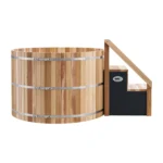 Cedar hot tub front view showing the SpaNET touch pad on the equipment cabinet