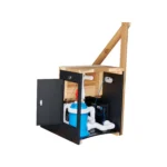 Cedar hot tub equipment bay open showing the SpaNET control unit, pump and filter