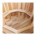 Inside the cedar hot tub showing the bench seating and floor