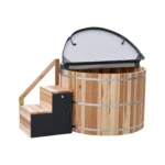 Cedar hot tub with the thermal cover lifted open