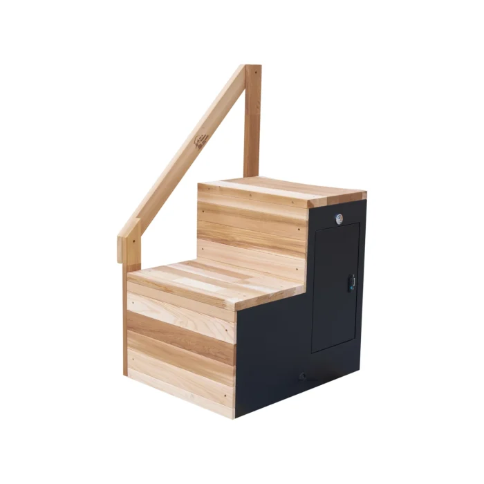 Cedar steps and the black equipment cabinet housing the heater and pump