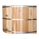 Cedar hot tub exterior detail showing the stainless steel bands and fittings