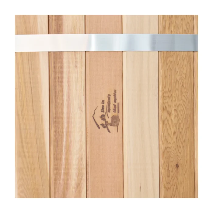 Western red cedar staves with the Shym Saunas brand mark
